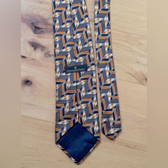 Vintage Brocade ERMENEGILDO ZEGNA Navy Orange Chevron Men's Silk Luxury Neck Tie - Picture 3 of 5